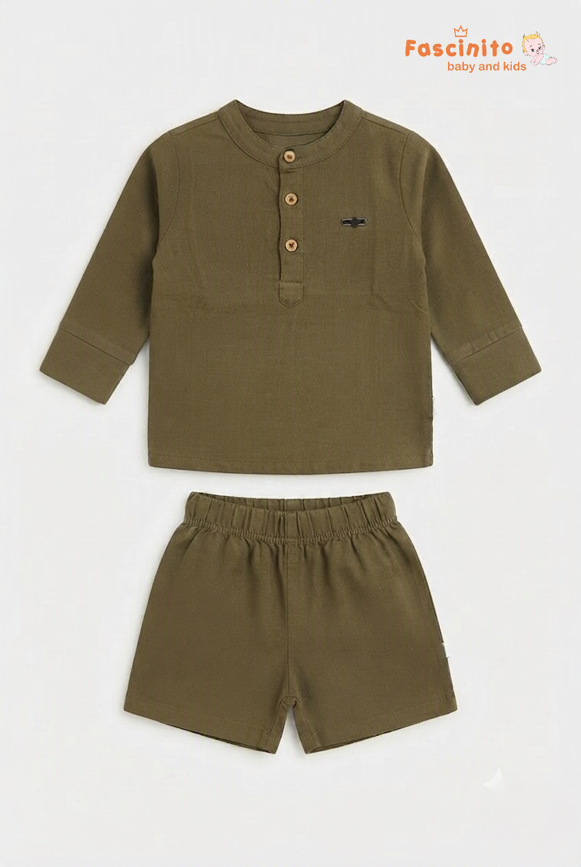 Boys Muslin Co-Ord Set – Olive Mandarin Collar Shirt & Shorts Set