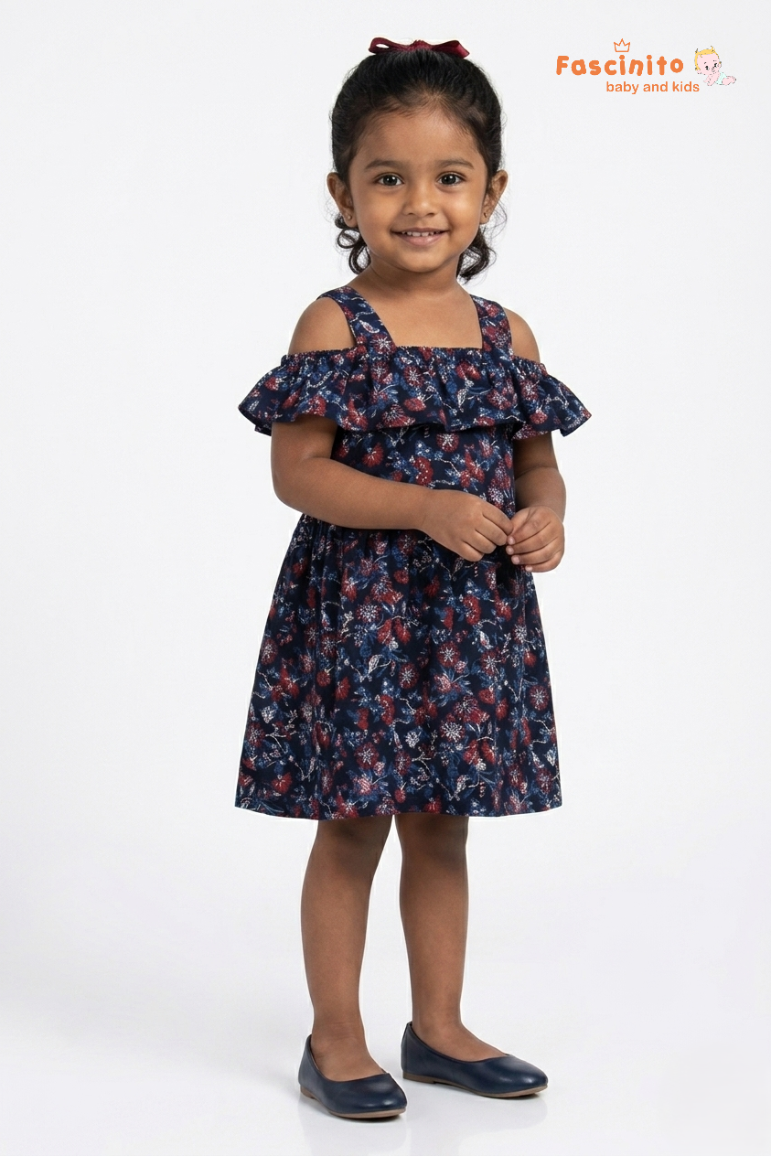 Girls Cotton Frock – Navy Blue Floral Printed Dress