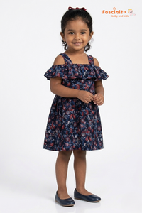 Girls Cotton Frock – Navy Blue Floral Printed Dress