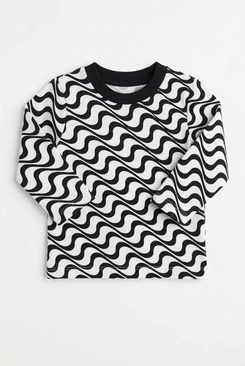 Boys Black & White Wave Print Full Sleeve T-Shirt