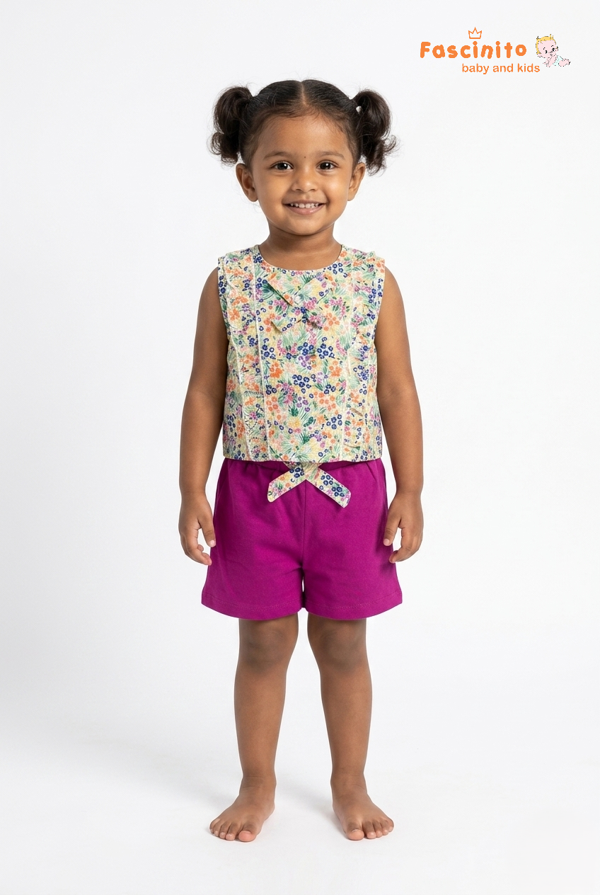 Girls Top & Bottom Set – Floral Sleeveless Top with Pink Shorts