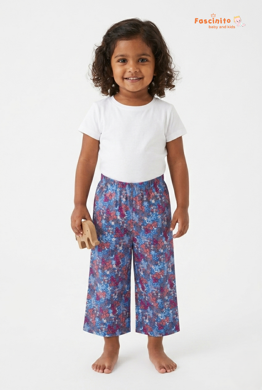 Girls 3/4 Pant – Blue Floral Printed Capri Pants