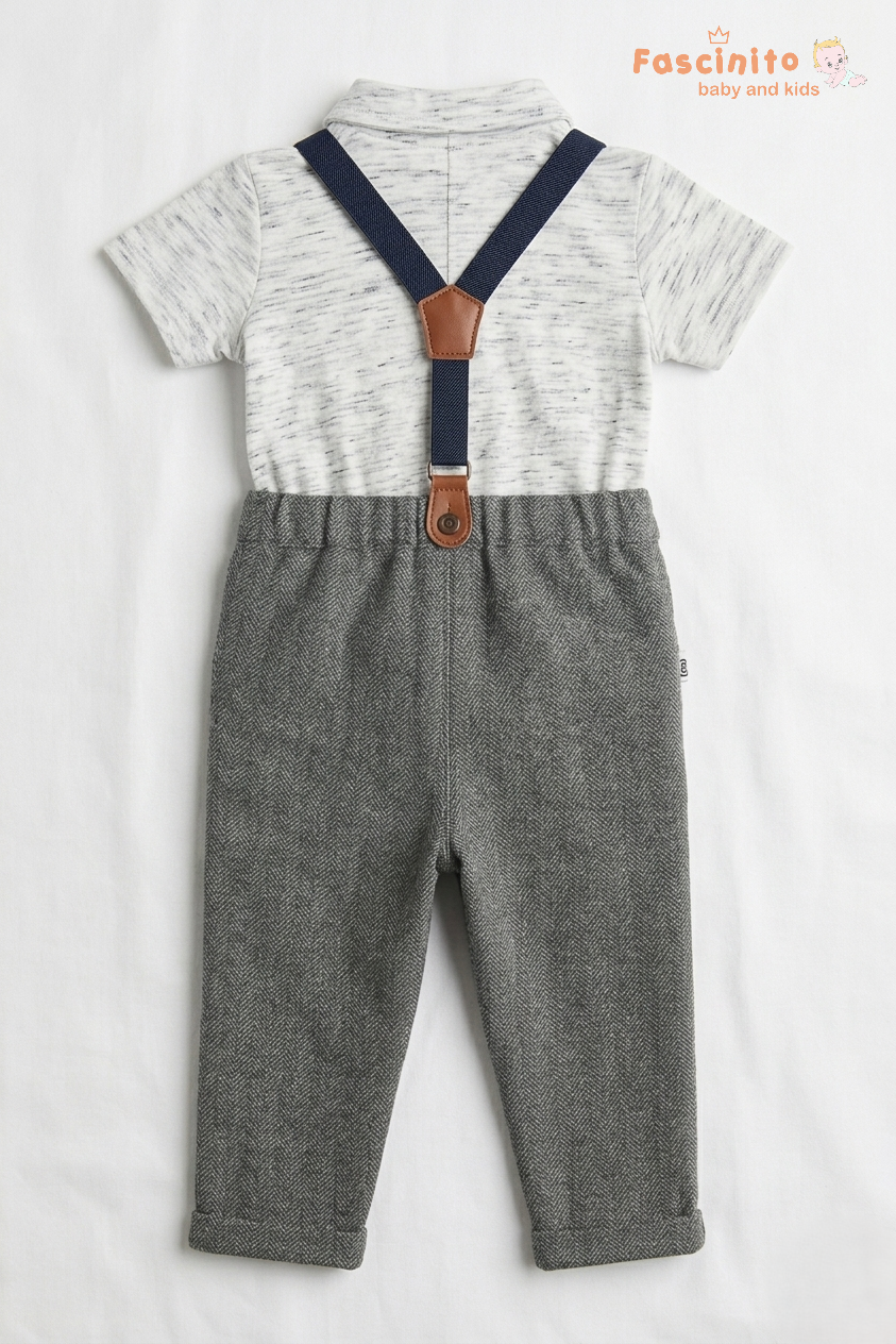 Boys Suspender Set – Grey Herringbone Pants with White Polo Shirt