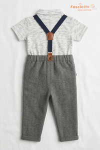 Boys Suspender Set – Grey Herringbone Pants with White Polo Shirt