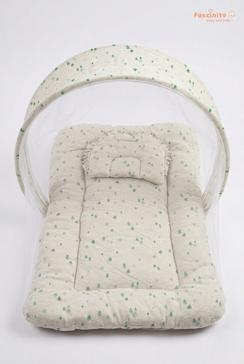Baby Mosquito Bed – Grey Foldable Net Bed with Cushion