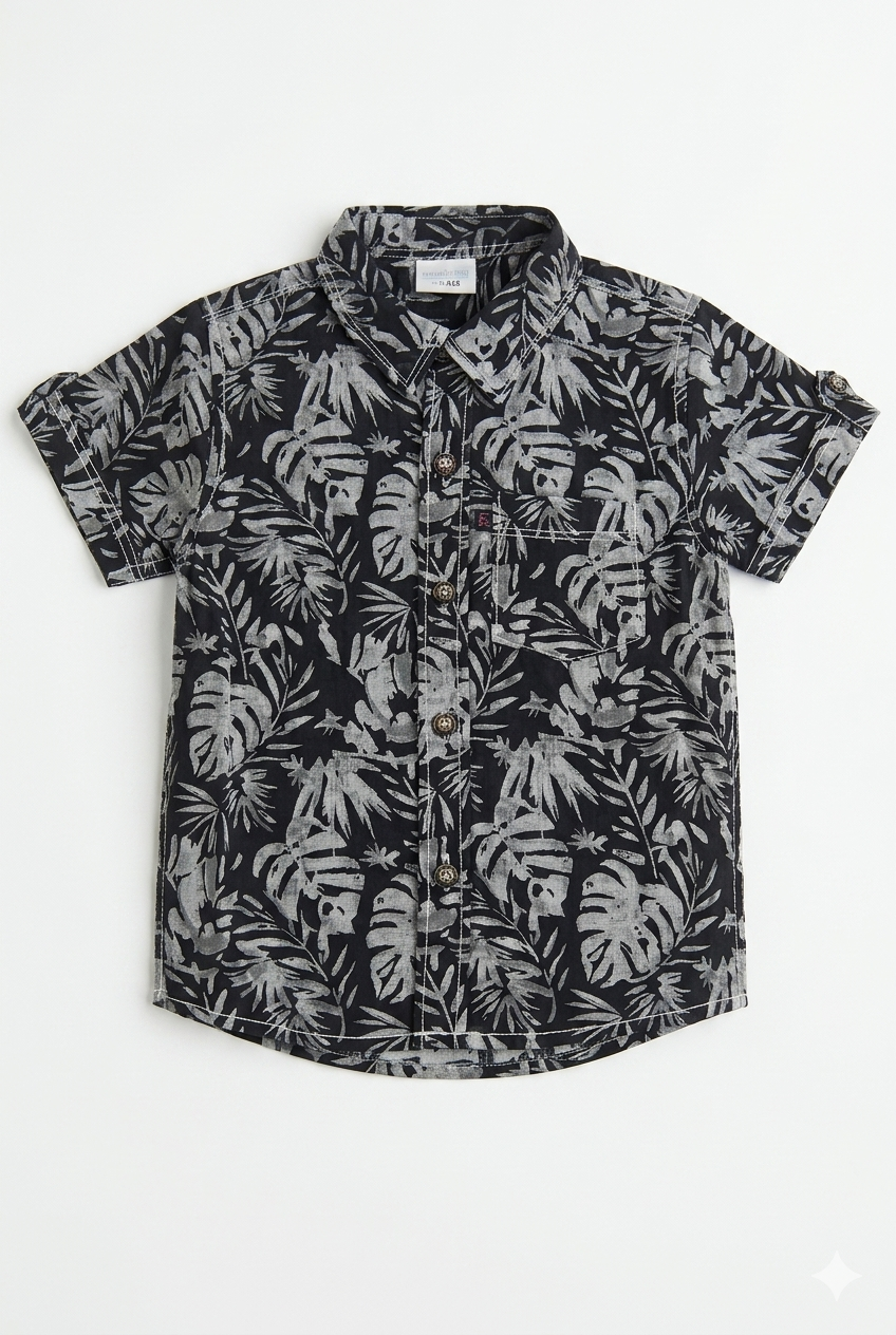 Boys Printed Shirt – Black Tropical Leaf Cotton Shirt
