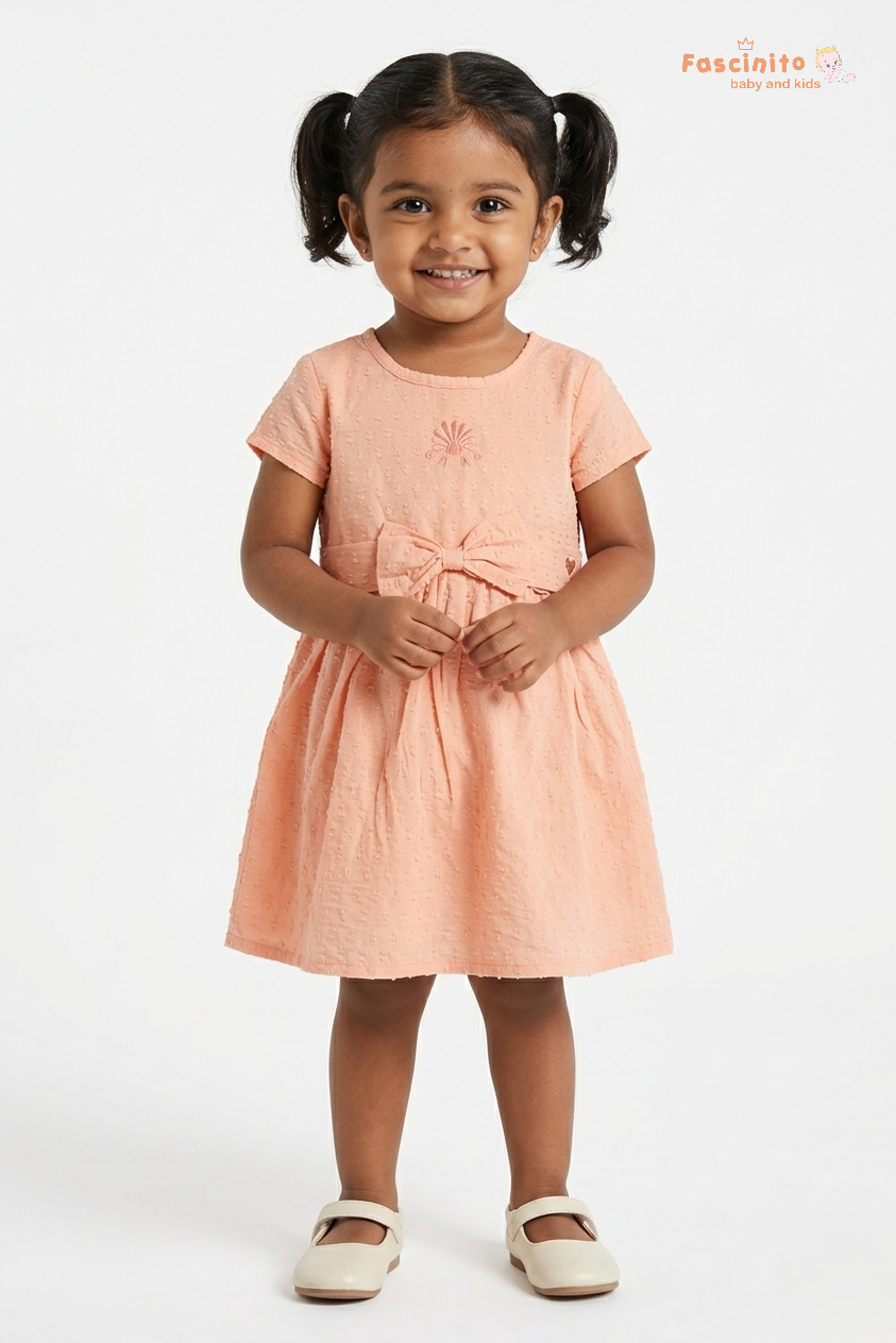 Girls Cotton Frock – Orange Bow Embroidery Baby Dress