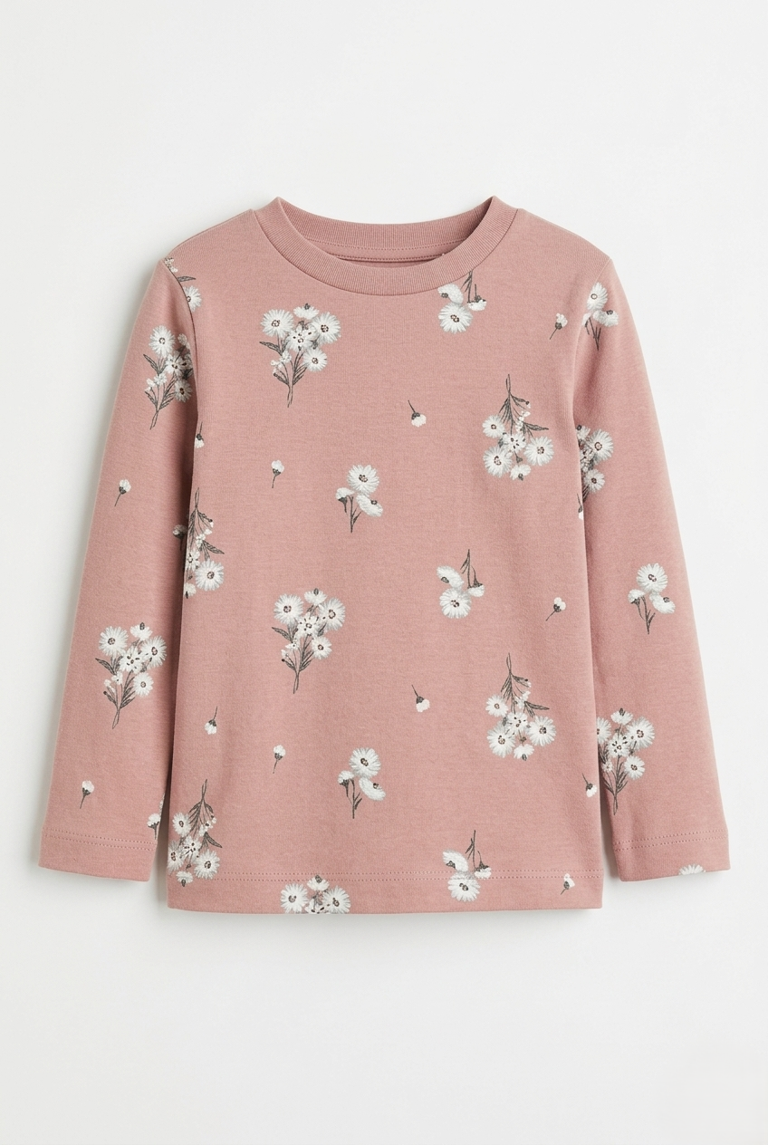Girls Dusty Pink Floral Full Sleeve Cotton T-Shirt
