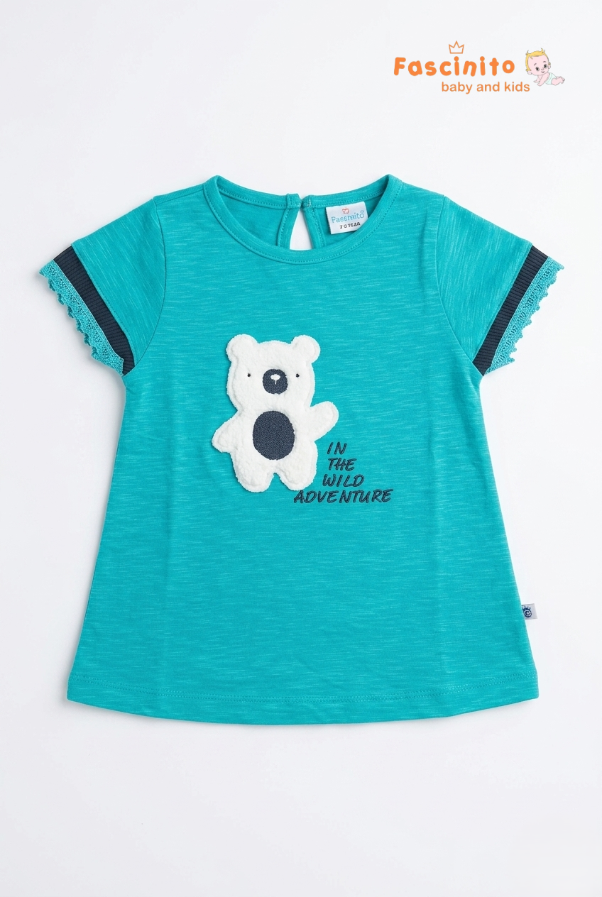 Girls Teddy Bear T-Shirt – Turquoise Adventure Print Top