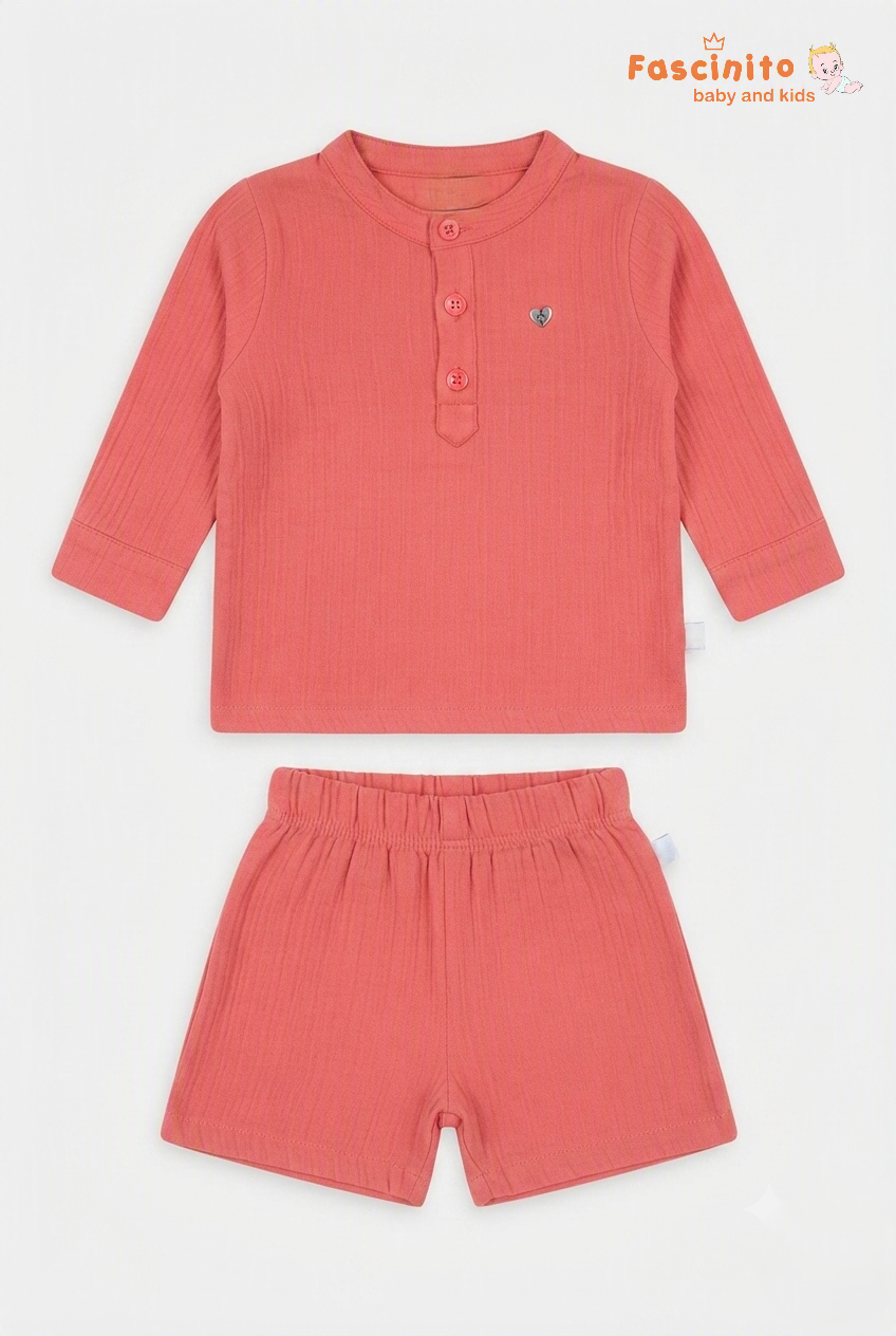 Boys Muslin Co-Ord Set – Pink Mandarin Collar Shirt & Shorts Set