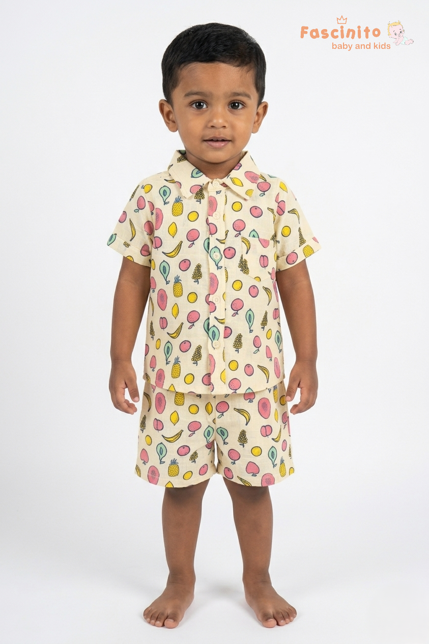 Boys Coord Set – Yellow Fruit Print Shirt & Shorts Set