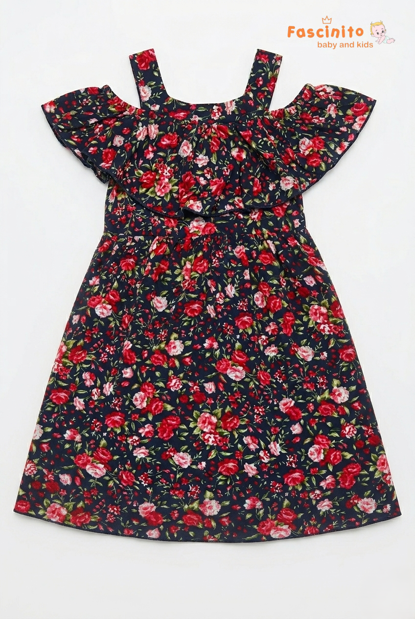Girls Floral Frock – Navy Rose Print Cold Shoulder Dress