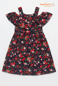 Girls Floral Frock – Navy Rose Print Cold Shoulder Dress