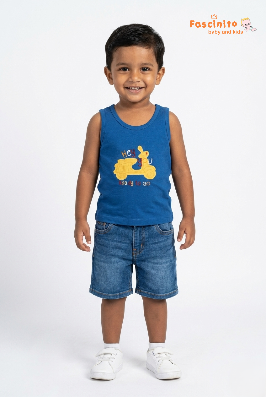 Boys Sleeveless Top – Blue Scooter Print Cotton Vest