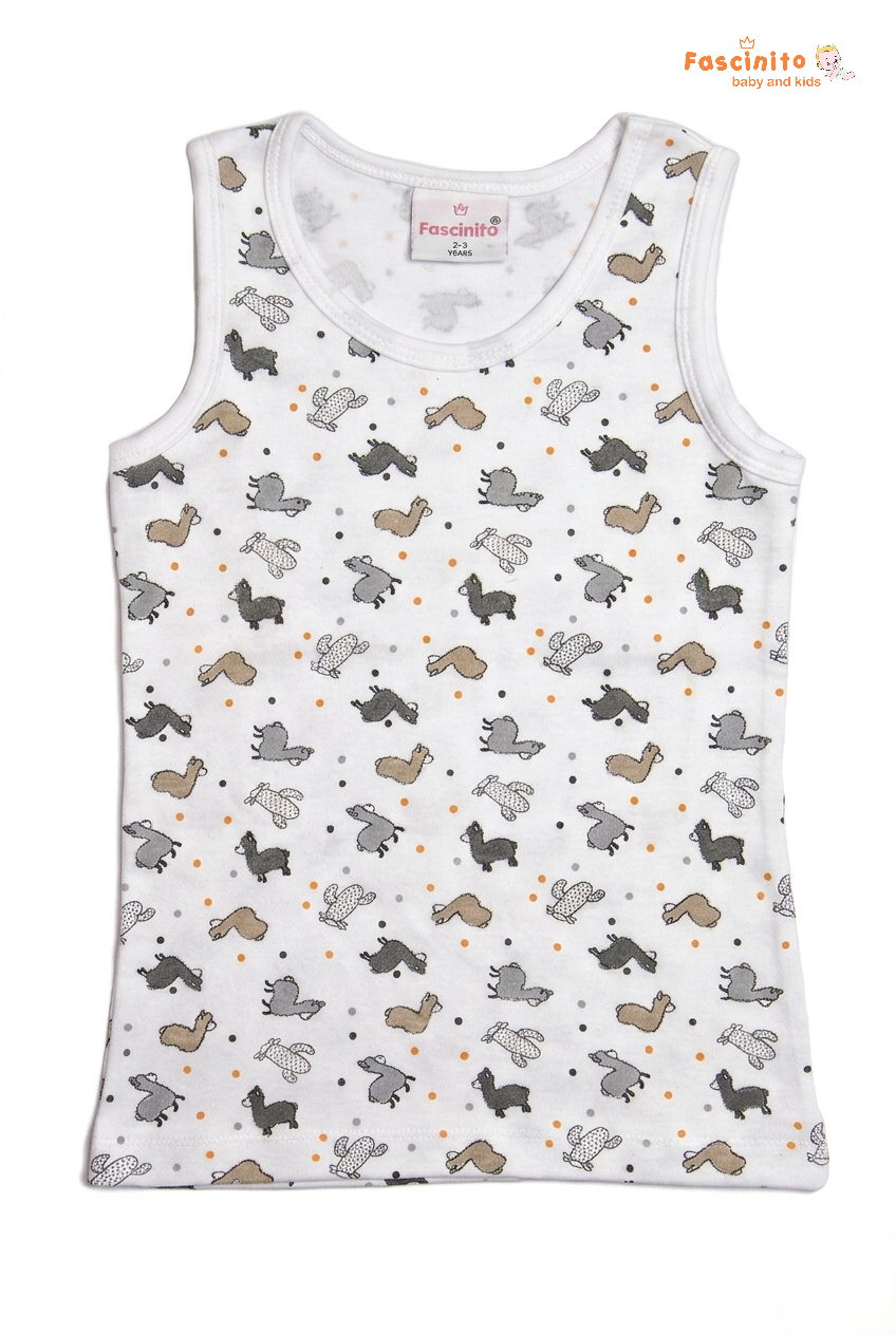 Boys Sleeveless Top – White Animal Print Cotton Vest