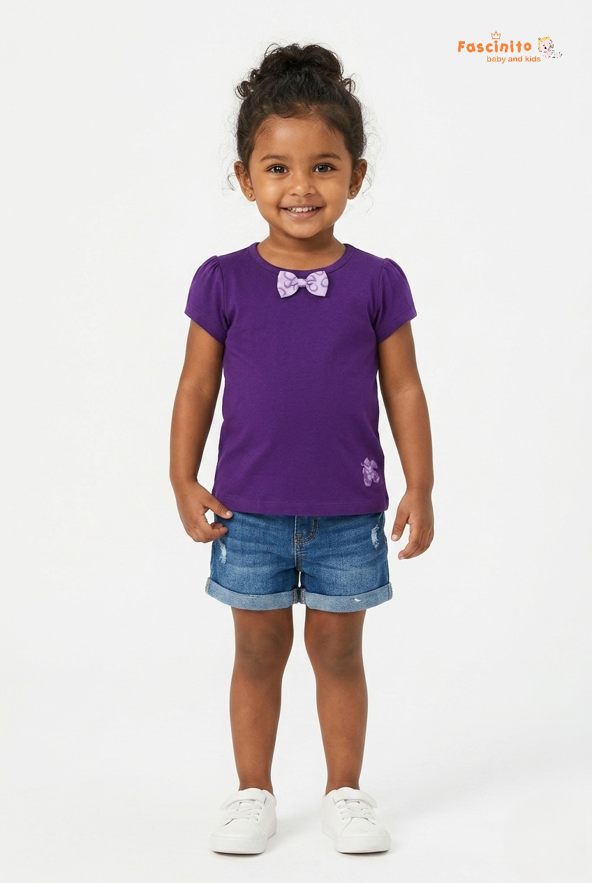 Girls Cotton T-Shirt – Purple Puff Sleeve Bow Detail Tee