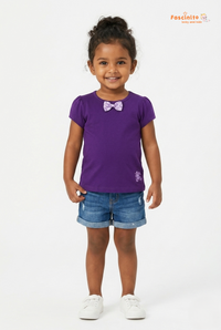 Girls Cotton T-Shirt – Purple Puff Sleeve Bow Detail Tee