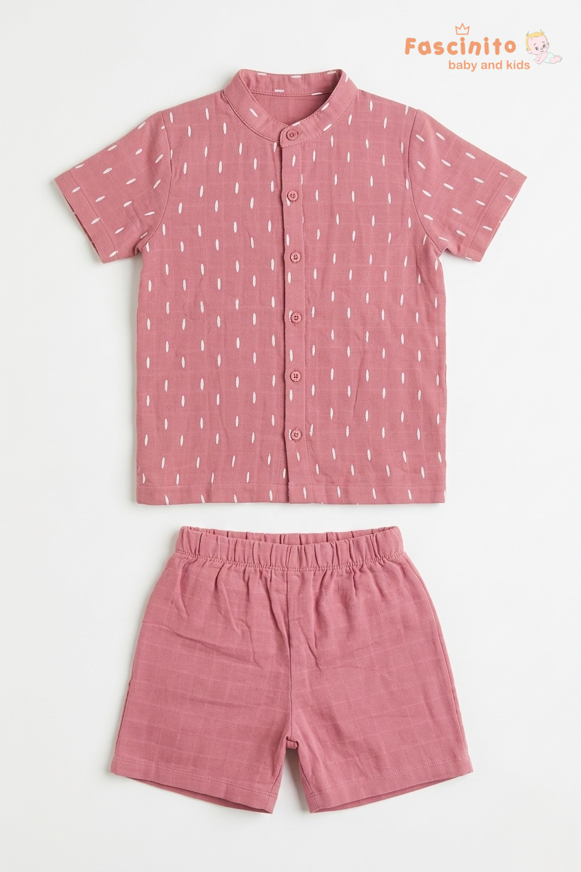 Boys Coord Set – Pink Mandarin Collar Shirt with Muslin Shorts