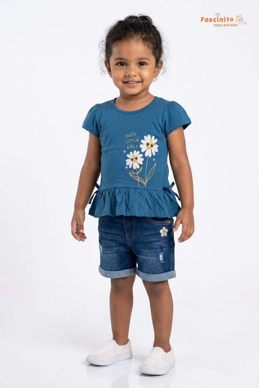 Girls Cotton T-Shirt – Blue Floral Burst Printed Casual Tee