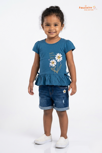 Girls Cotton T-Shirt – Blue Floral Burst Printed Casual Tee