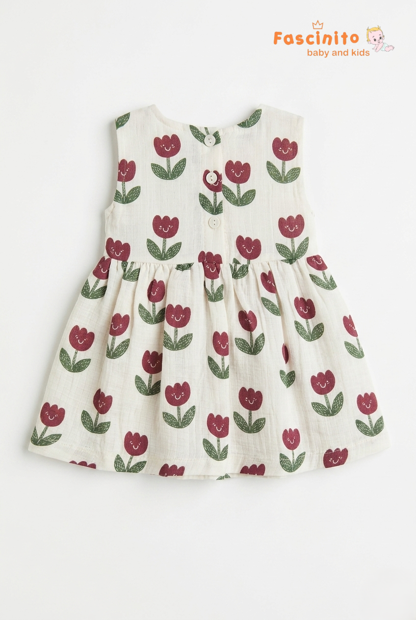 Girls Tulip Print Frock – White Sleeveless Floral Dress