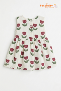 Girls Tulip Print Frock – White Sleeveless Floral Dress