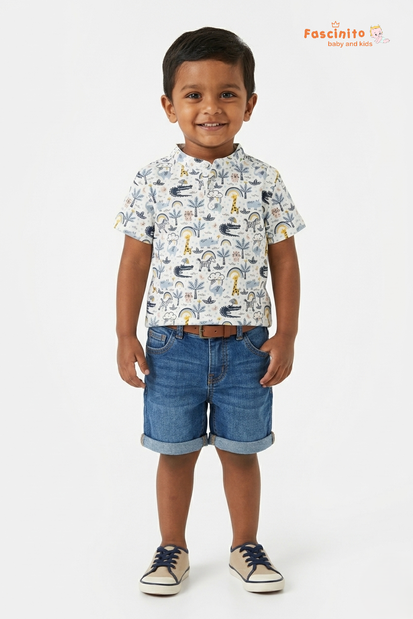 Boys Cotton T-Shirt – White Jungle Print Casual Tee