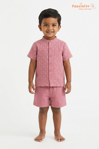 Boys Coord Set – Pink Mandarin Collar Shirt with Muslin Shorts