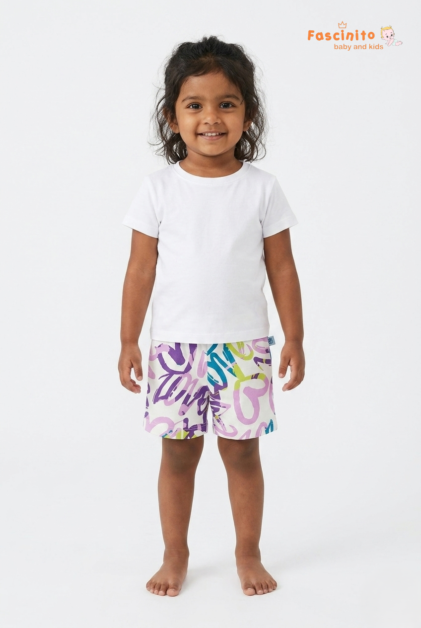 Girls Heart Print Shorts – White Graffiti Style Casual Shorts