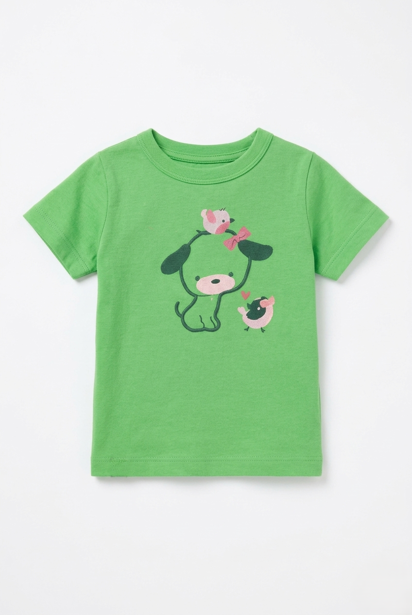 Girls Green Cute Animal Print Cotton T-Shirt