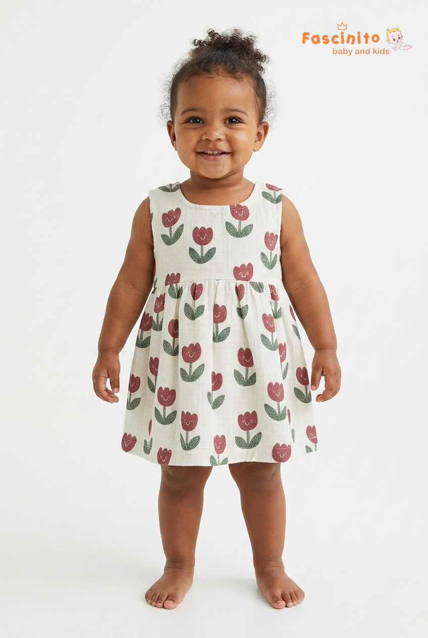Girls Tulip Print Frock – White Sleeveless Floral Dress