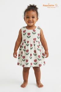 Girls Tulip Print Frock – White Sleeveless Floral Dress