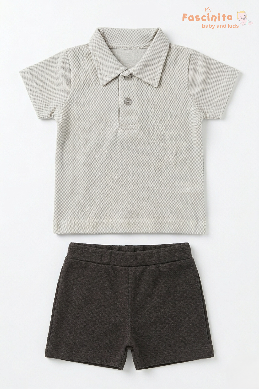 Boys Coord Set – Beige & Navy Polo T-Shirt with Shorts
