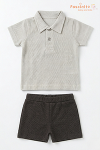Boys Coord Set – Beige & Navy Polo T-Shirt with Shorts
