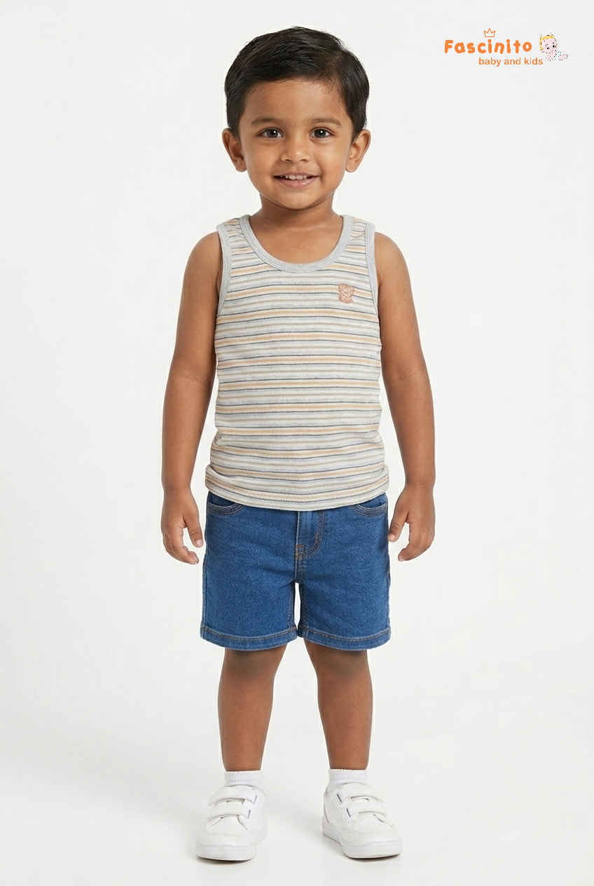 Boys Sleeveless Top – Grey Striped Cotton Vest with Teddy Detail