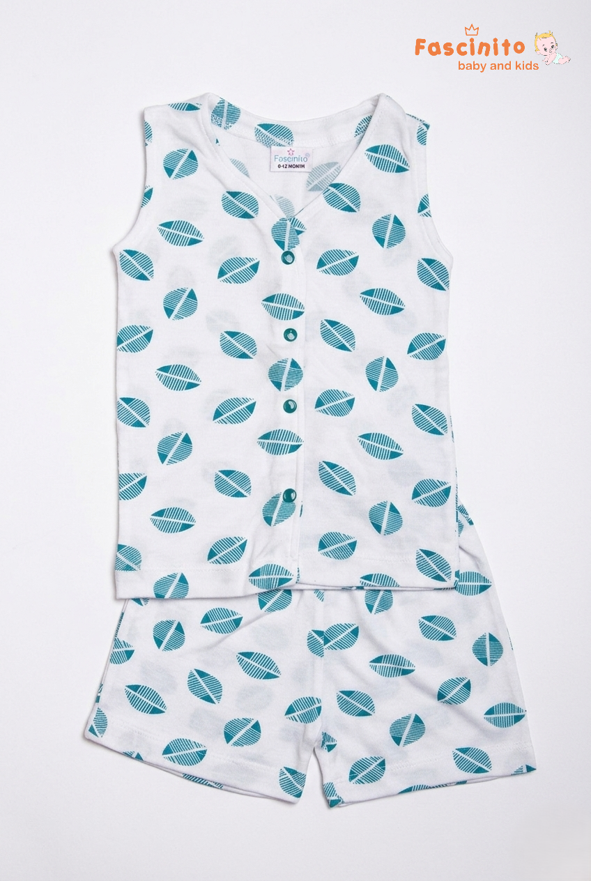 Baby Jhabla Set – White Leaf Print Sleeveless Top & Shorts
