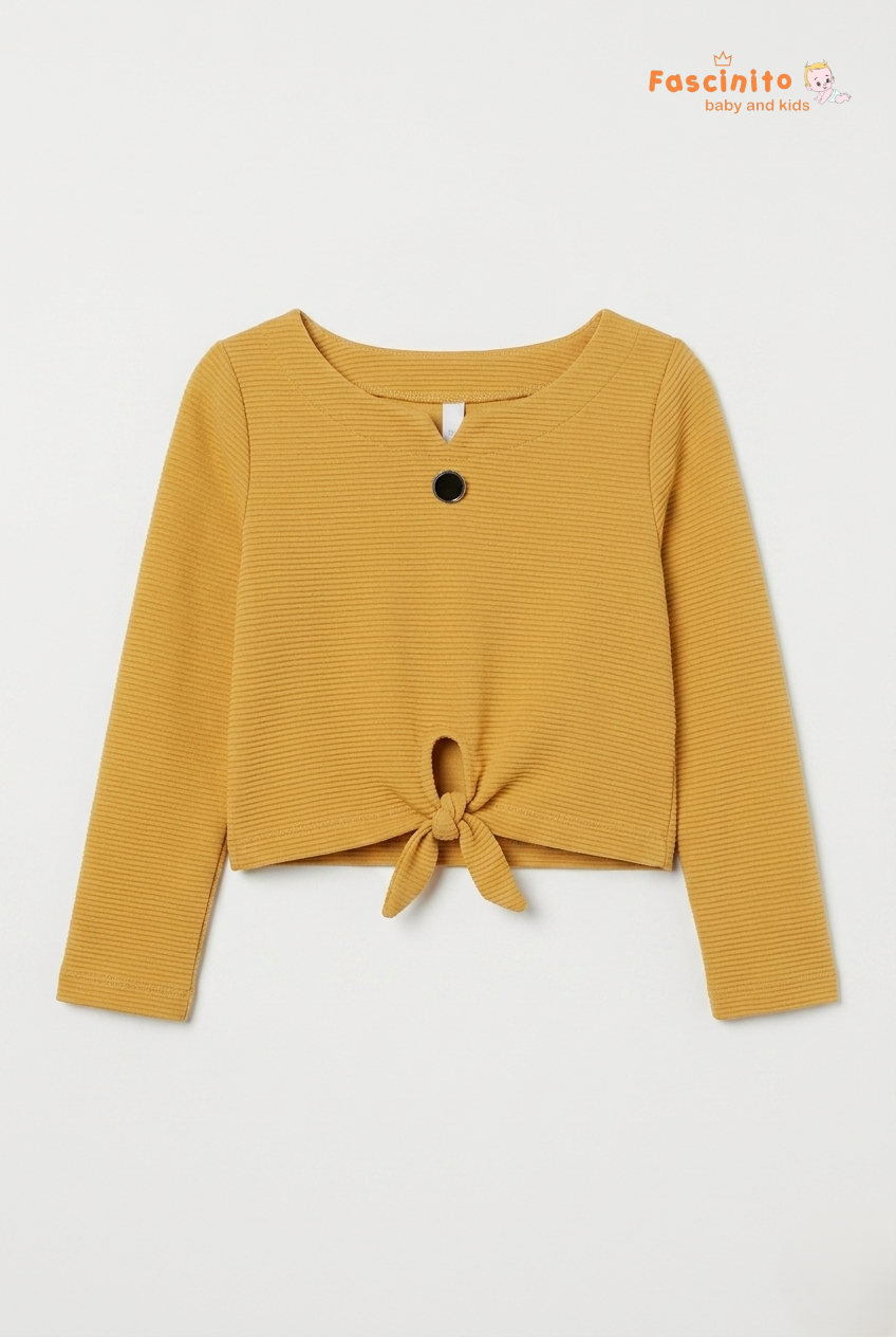 Girls Ribbed Top – Mustard Yellow Knot Front Long Sleeve Top