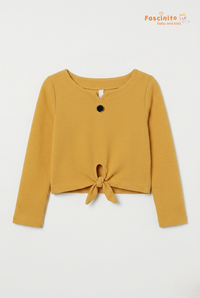Girls Ribbed Top – Mustard Yellow Knot Front Long Sleeve Top