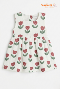 Girls Tulip Print Frock – White Sleeveless Floral Dress