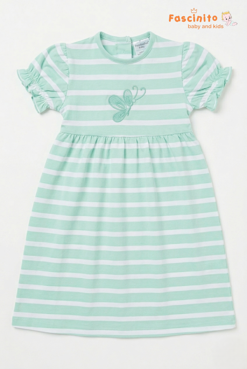 Girls Striped Frock – Mint Green Butterfly Embroidered Dress