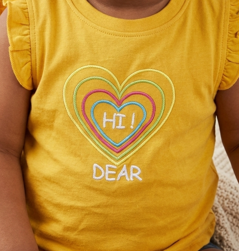 Girls Mustard Hi Dear Embroidered Heart Cotton T-Shirt