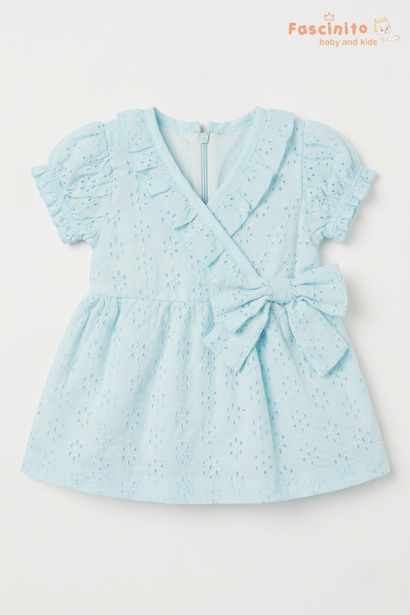 Girls Cotton Schiffli Embroidery Frock – Light Blue Party Wear Dress