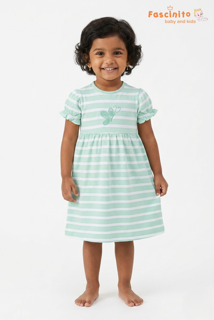 Girls Striped Frock – Mint Green Butterfly Embroidered Dress