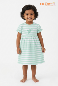 Girls Striped Frock – Mint Green Butterfly Embroidered Dress