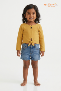 Girls Ribbed Top – Mustard Yellow Knot Front Long Sleeve Top