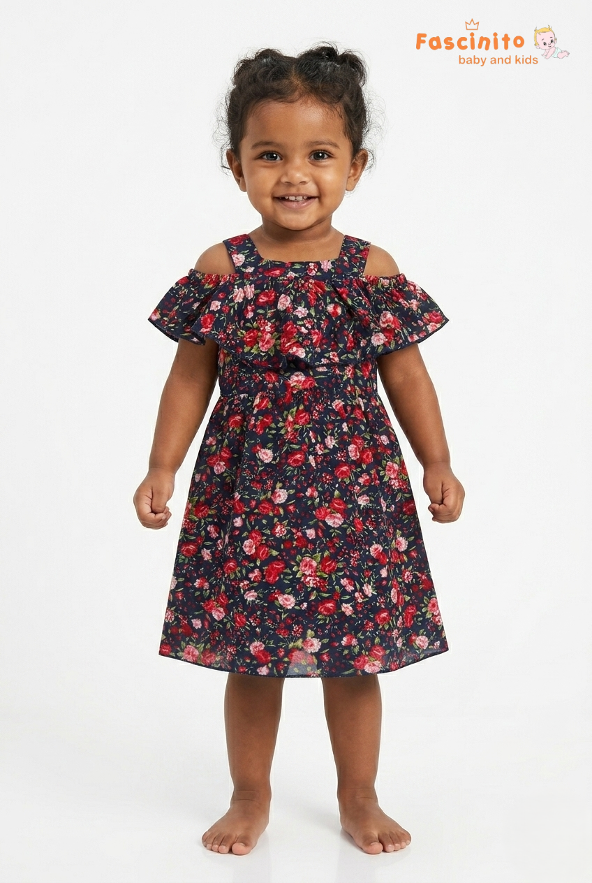 Girls Floral Frock – Navy Rose Print Cold Shoulder Dress