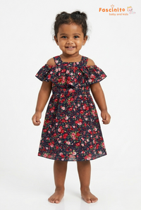 Girls Floral Frock – Navy Rose Print Cold Shoulder Dress