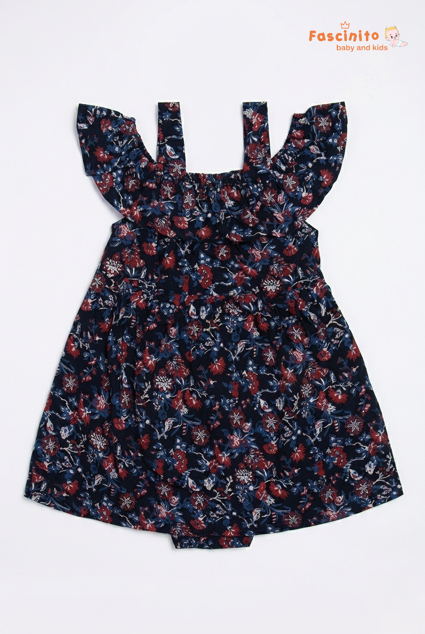 Girls Cotton Frock – Navy Blue Floral Printed Dress