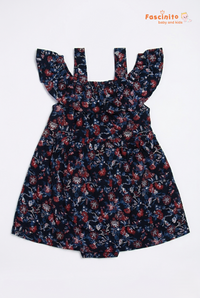 Girls Cotton Frock – Navy Blue Floral Printed Dress