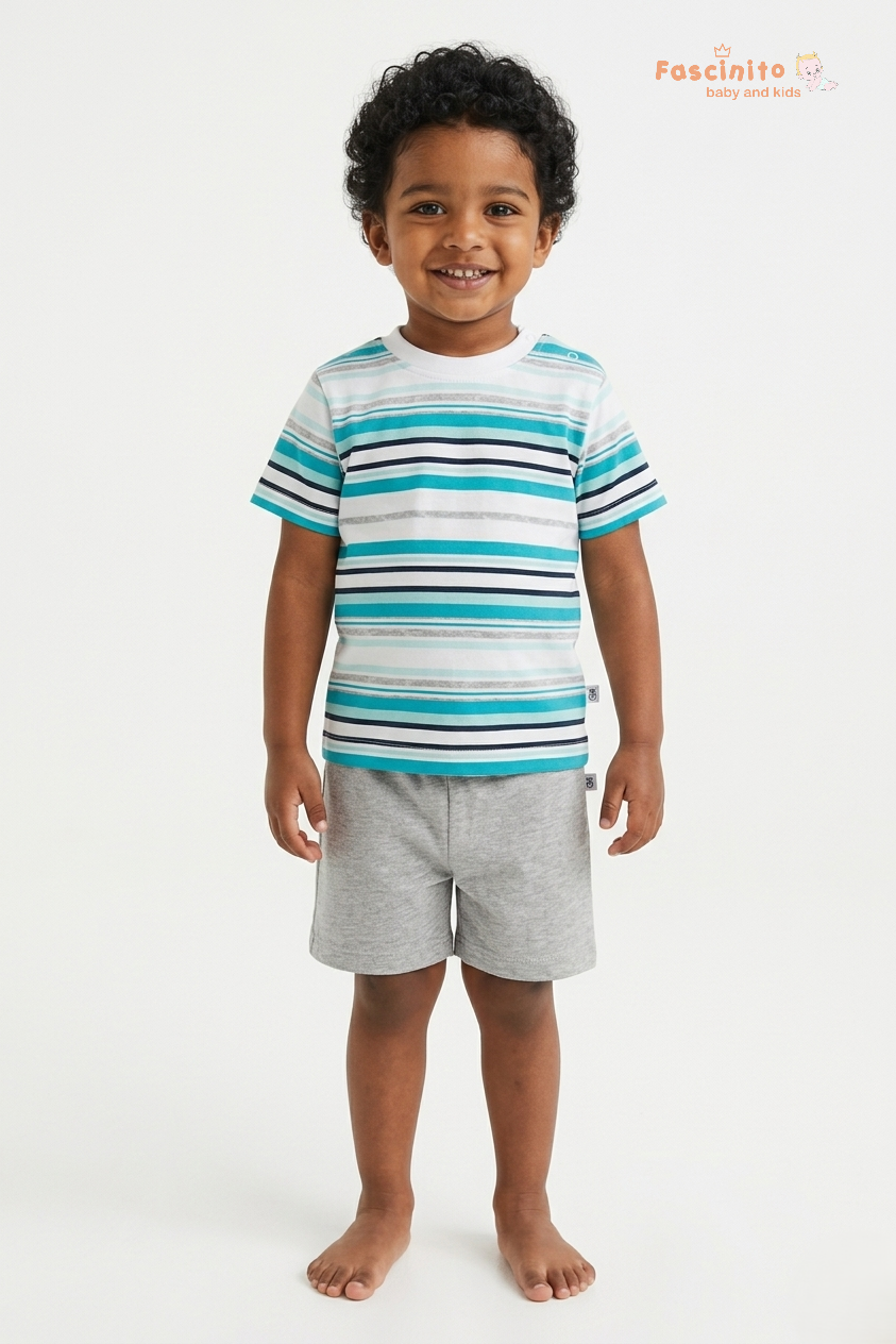 Boys T-Shirt & Shorts Set – Blue & Grey Cotton Outfit